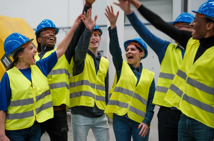 A group of people wearing safety vests, raising their hands